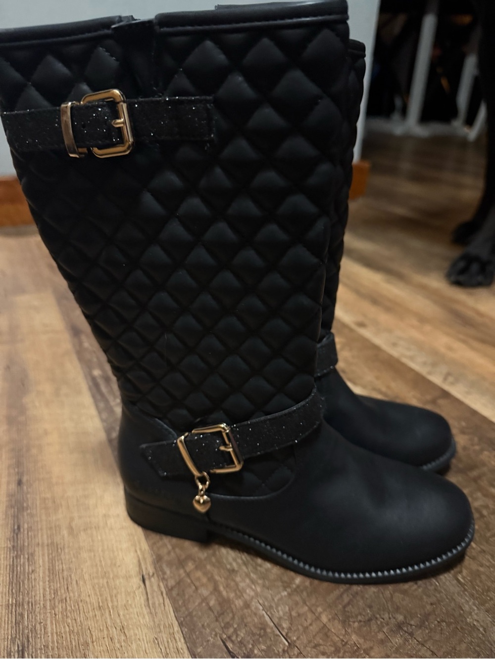 Skechers Black Quilted Mid-Calf Boots with Gold Buckles